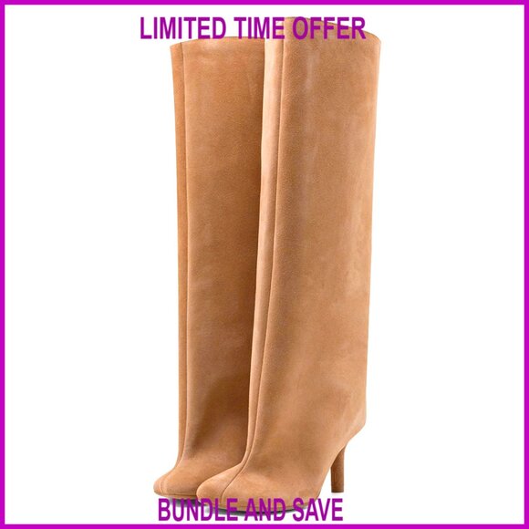 Suede Knee High Boots Wide Calf Square Toe Stiletto Heel Pull On
